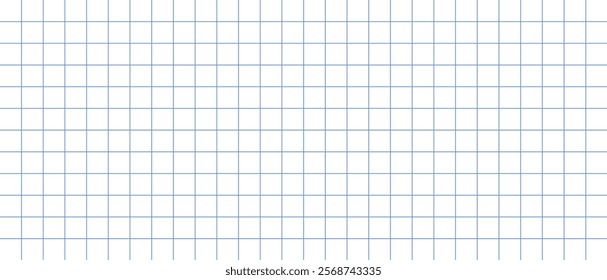 Horizontal banner in small blue check. Vector illustration of empty clean sheet of paper in cage for works on mathematics, geometry. Design for web page of online classes for children, students.