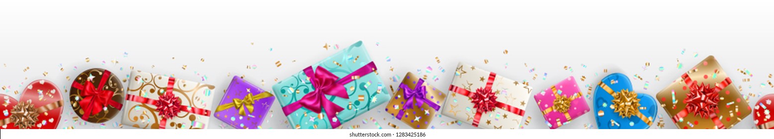 Horizontal banner with small sparkles and colorful gift boxes with ribbons, bows and various patterns