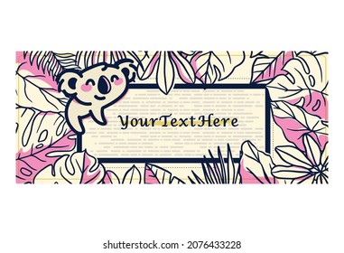 Horizontal banner of a smiling koala bear middle of leaves_ card design _ could be web banner _ paper color