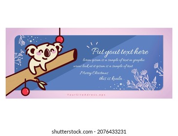 Horizontal banner of a smiling koala bear _ card design_ percentage sign is in illustration and atmosphere is like winter