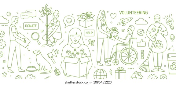 Horizontal banner with smiling young men and women volunteering or doing volunteer work drawn with green contour lines on white background. Monochrome vector illustration in modern lineart style