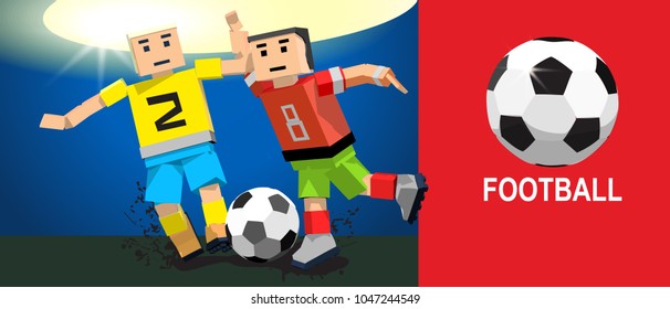 Horizontal banner with Soccer player against the background of the stadium Pixel art stile