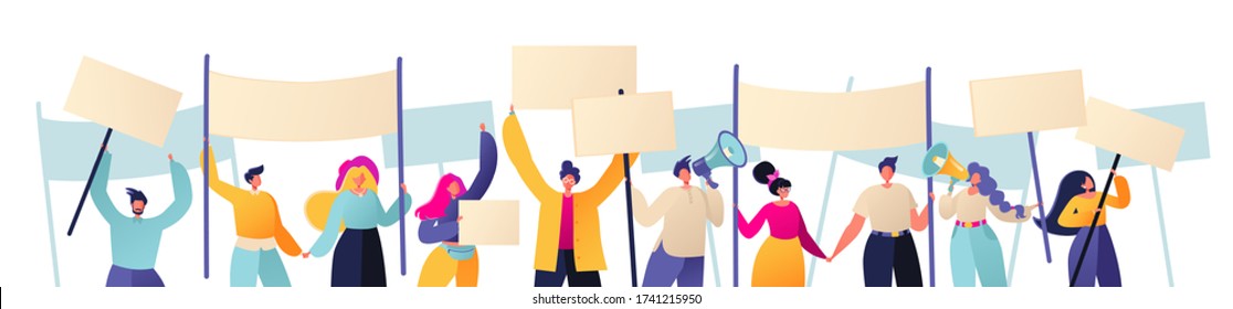 Horizontal banner for social networks with characters with placards and signboard on strike or protest, riot, picket, demonstration web page design. Cartoon flat vector illustration
