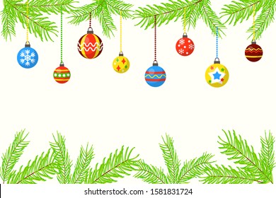 Horizontal banner with space for text: Christmas glass balls hanging on the green branches of the tree.
