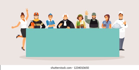 Horizontal banner with space for text. Labor day. Various professions vector characters