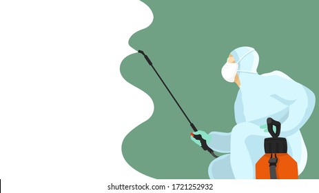 
Horizontal banner with space for text. Man in protective suit, fumigator dress, pest control in hazmat suit. Disinfection concept. Flat vector illustration for viral diseases like coronavirus, sars.
