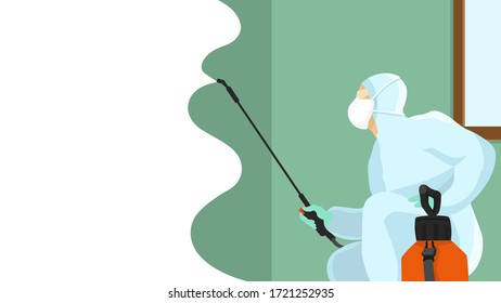 
Banner horizontal con espacio para texto. Hombre con traje protector, vestido fumigador, control de plagas con traje de hazmat. Concepto de desinfección. Ilustración vectorial plana para enfermedades virales como el coronavirus, los osos.