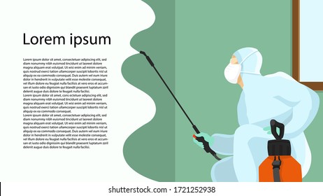 
Banner horizontal con espacio para texto. Hombre con traje protector, vestido fumigador, control de plagas con traje de hazmat.Concepto de desinfección. Ilustración vectorial plana para enfermedades virales como el coronavirus, los osos.