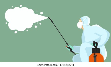 
Horizontal banner with space for text. Man in protective suit, fumigator dress, pest control in hazmat suit. Disinfection concept. Flat vector illustration for viral diseases like coronavirus, sars.