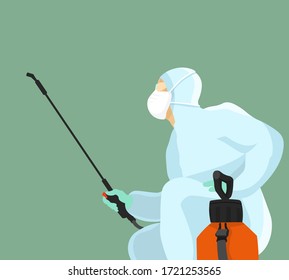 Horizontal banner with space for text. Man in protective suit, fumigator dress, pest control in hazmat suit. Disinfection concept. Flat vector illustration for viral diseases like coronavirus, sars.