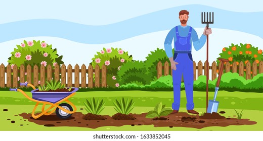 Horizontal banner with spring backyard, garden bed, flowers, seedlings, wheelbarrow and farmer. Character in overall with pitchfork, shovel in cartoon style. Male cultivating soil in country house