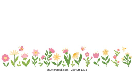Horizontal banner with spring flowers. Flowers and twigs on a white background. Flowers for invitation, greeting or wallpaper.