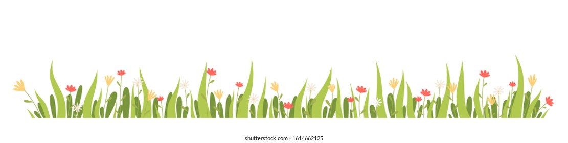 Horizontal banner spring grass and flowers. Vector illustration
