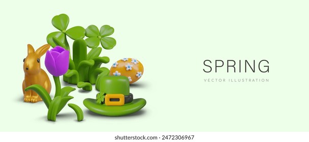 Horizontal banner with spring holiday symbols. Easter, St. Patrick Day concept