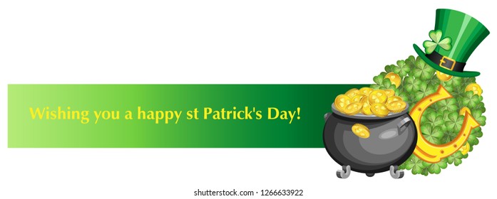 Horizontal banner for St. Patrick's Day with a Leprechaun hat on a ball of clover leaves and gold coins next to a pot of gold. On a transparent background