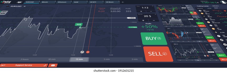 Horizontal banner stock market or forex trading platform. Dashboard with online trading, investment, market monitoring and analysis and real-time data. Banner stock exchange and binary option. Vector