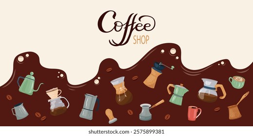 Horizontal banner, stylish illustration of coffee making equipment, variety of essential tools: coffee machine, cezve, grinder, press. Perfect for promoting coffee related products or cafe services.