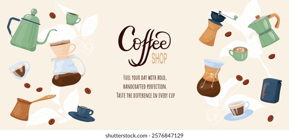 Horizontal banner, stylish illustration of coffee making equipment, variety of essential tools: coffee machine, cezve, grinder, press. Perfect for promoting coffee related products or cafe services.