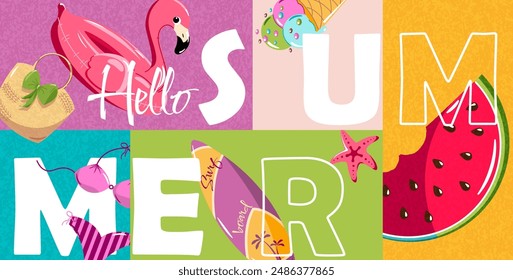Horizontal banner with summer elements. Abstract summer background with Flamingo pool float, beach accessories, surfboard, watermelon and ice cream.