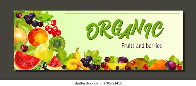 Banner horizontal con frutos de poli y bayas estivales. Ilustración vectorial. Se puede usar como afiche o anuncio para tu producto.