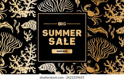 A horizontal banner, summer sale featuring a luxurious golden pattern of coral and shells, beautifully sparkling golden glitter letters, creating an eye-catching and festive atmosphere.