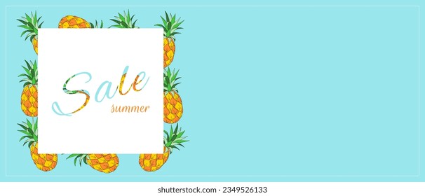 Horizontal banner for summer sale. Summer ripe pineapple hand drawn. Sale promotional material vector illustration. Sale flyer design with empty insert space.