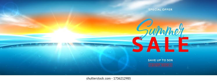 Horizontal banner for summer sale. Vector illustration with deep underwater ocean scene. Realistic background with sea landscape with sunset or sunrise.