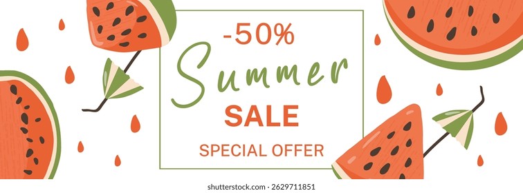 A horizontal banner for the Summer Sale with Watermelon slices and umbrellas for Drinks. Summer Watermelon Background with a place for text. Poster, postcard, web banner, flyer, advertising brochure.