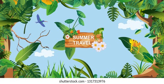  Horizontal banner Summer Time Holiday and travel illustration with frogs on wood background. Tropical floral frame with blue sky. Design template 