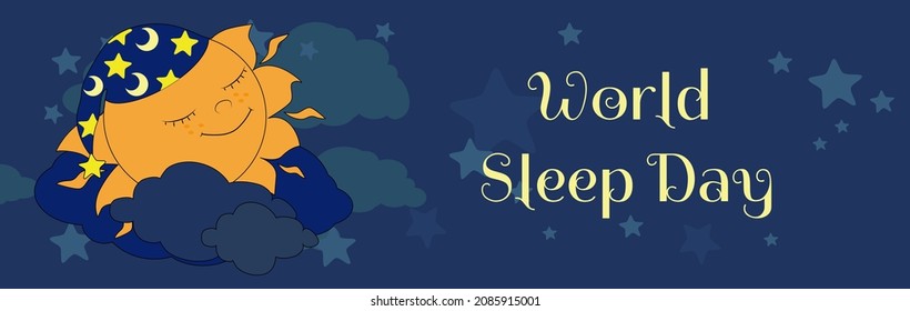 Horizontal banner The sun in a nightcap is dozing among the clouds and stars in the night sky. World sleep day and the concept of good sleep, fairy dreams, dreams and magic. 