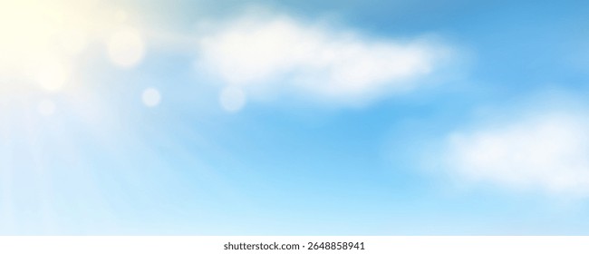 Banner horizontal com raios de sol, bokeh e nuvens brancas fluffy realistas no fundo do céu azul. Ensolarado céu paisagem para verão banner, cartão, capa, cartaz. Conceito de paisagem em nuvem. Ilustração vetorial