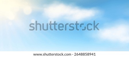 Horizontal banner with sun rays, bokeh and realistic white fluffy clouds on blue sky background. Sunny heaven landscape for summer banner, card, cover, poster. Concept cloudscape. Vector illustration