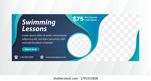 Horizontal Banner For Swimming Lessons, Creative Concept For Presentations And Advertising, Template For Posting Photos And Text. Modern Blue And Dark Purple Gradient Background With Sea Waves.