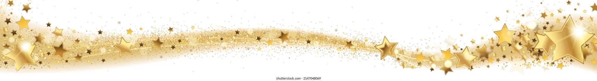 horizontal banner with a swirl of golden stars on a white background