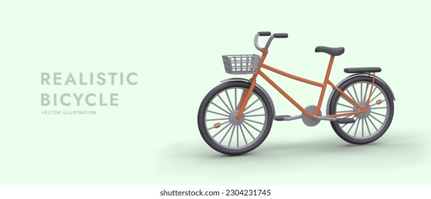 Horizontal banner template with 3D bicycle. Realistic bike with basket and trunk. Vector color illustration. Template for advertising healthy lifestyle, environmentally friendly personal vehicle