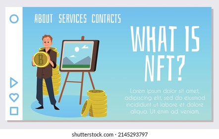 Horizontal banner template about NFT flat style, vector illustration. Man character holding coin, blue background. Buying unique art for tokens, what is NFT, place for text