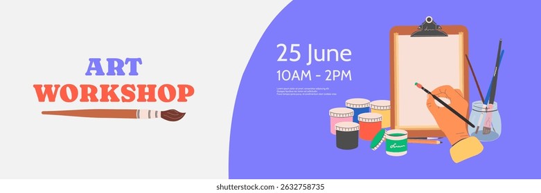 A horizontal banner template for an art workshop, school, courses, or store.An advertising background with artistic tools. Flat vector illustration:paints, a hand drawing on an easel, brushes, gouache