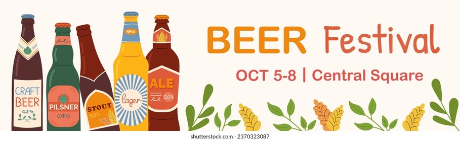 Horizontal banner template for beer festival celebration. Various green, brown, yellow glass beer bottles. Oktoberfest beer festival. Flat vector illustration.