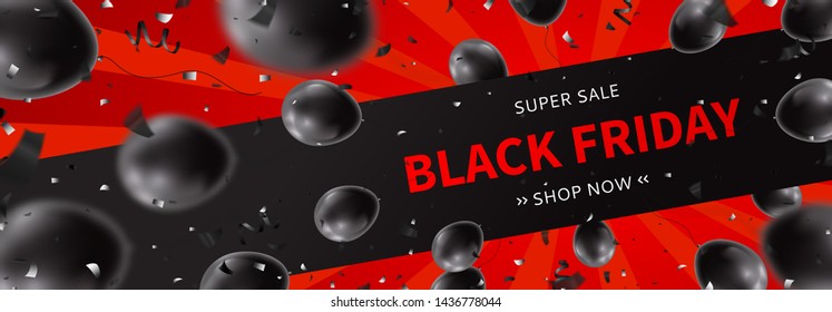 Horizontal banner template for Black Friday sale. Realistic air black balloons with serpentine and confetti on red background. Seasonal discount offer. Vector illustration.