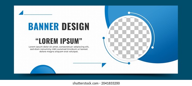 Horizontal Banner Template For Business. Editable Modern Banner With Blue Circle Shape And Place For The Photo. Usable For Social Media Cover, Header, And Banner.