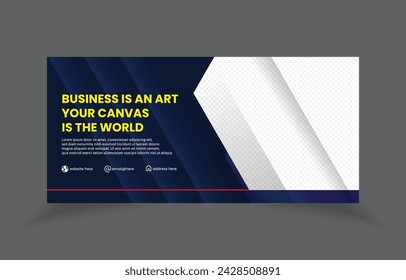 Horizontal banner template for business. Editable modern banner with blue circle shape and place for the photo.