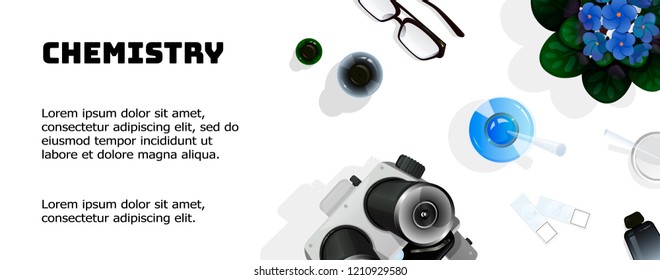 Horizontal banner template with chemistry theme. Top view on the table with education tools for chemistry or biology. Vector illustration on white background