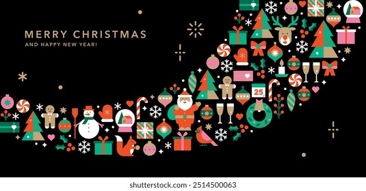 Horizontal banner template with Christmas and New Year icons in abstract modern flat style.Seasons greetings.Happy holidays.Winter wishes.Vector illustration for card, invitation or advertising.