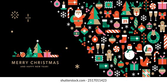 Plantilla Horizontal del Anuncio con las Navidades y los iconos del año Nuevo en estilo plano moderno abstracto. Saludos de las estaciones. Felices fiestas. Deseos del invierno. Ilustración vectorial para la tarjeta, la invitación o la publicidad.