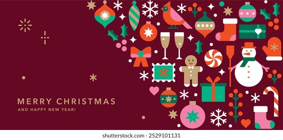 Horizontal banner template with Christmas and New Year icons in abstract modern flat style.Seasons greetings.Happy holidays.Winter wishes.Vector illustration for card, invitation or advertising.