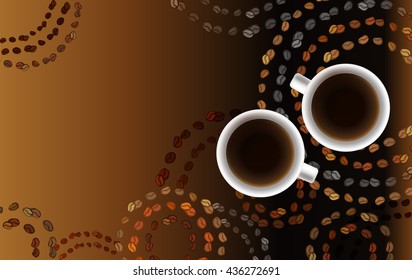 Horizontal banner template with coffee beans circles texture and two cups of coffee. Design for coffee shop, restaurant coffee menu, cafeteria. Vector background stock illustration.