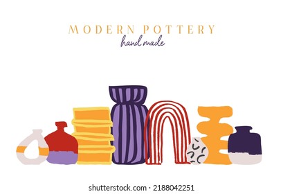 Horizontal banner template with color modern pottery isolated on white background. Poster for a ceramic workshop, party, festival, hand made market with decorative vases. Cartoon vector illustration