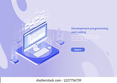 Horizontal banner template with computer, keyboard, mouse pad and place for text. Web application, internet software or website development, program coding. Modern isometric vector illustration.