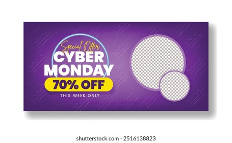 Horizontal banner template for cyber Monday Sale discounts offer colorful modern designs, product promotional e-commerce sale web banner ads. Trendy social media cover header for sale background