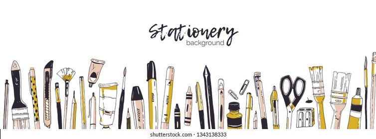 Horizontal banner template decorated by hand drawn stationery, writing utensils. Backdrop with office tools, art supplies and place for text on white background. Realistic vector illustration